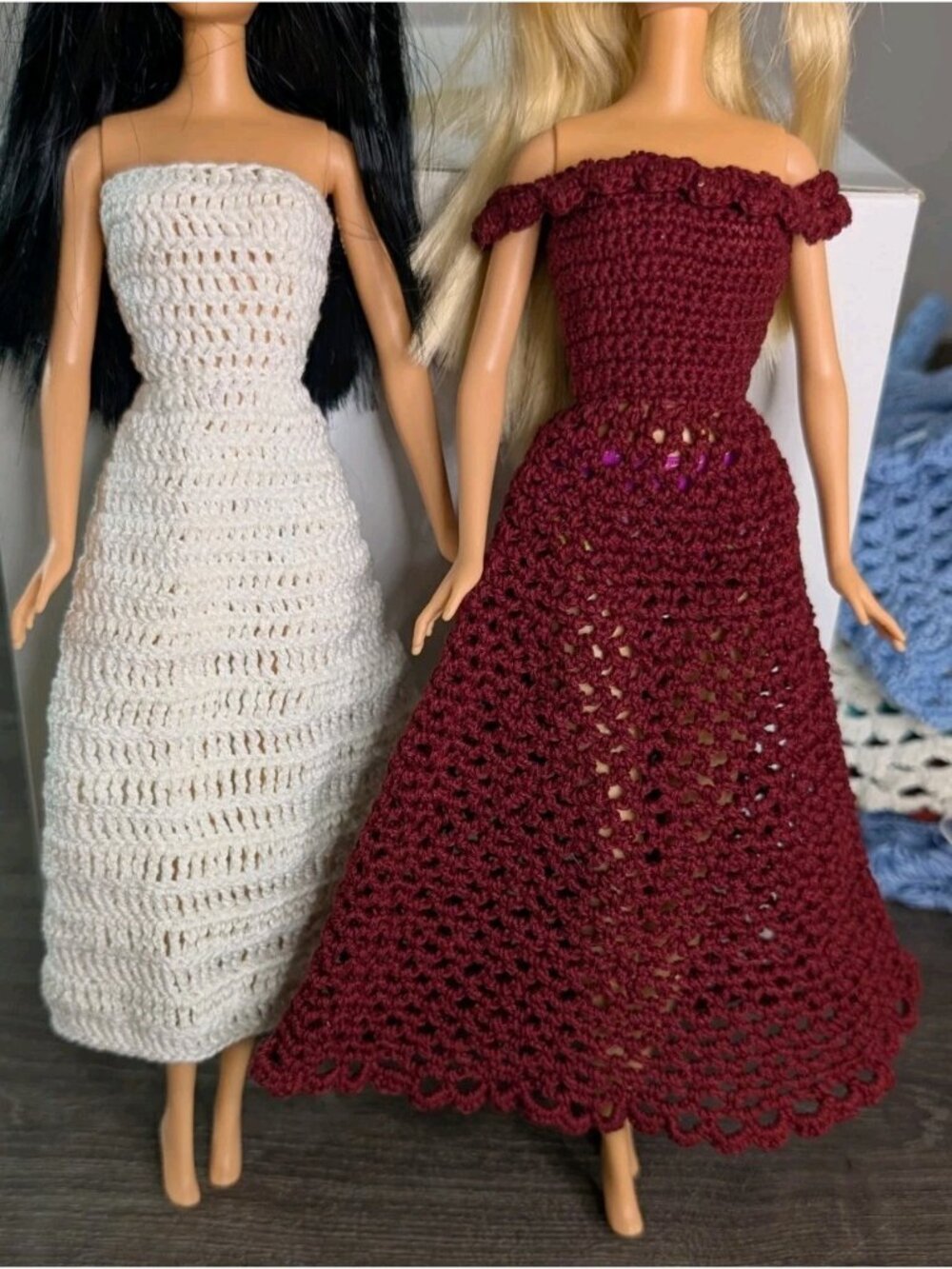 Lot 2 Handmade Crochet Barbie Gowns  Bridal & Burgundy Midi Cocktail Sun Dress